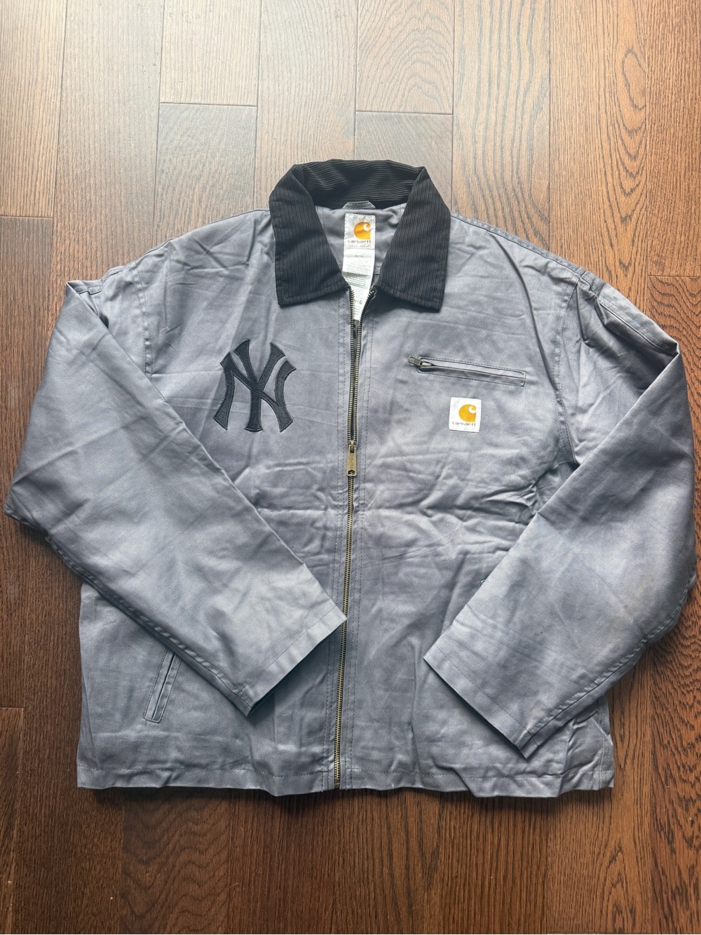 Reworked Carhartt Men's Gray Work Jacket with Black Collar and NY Logo
